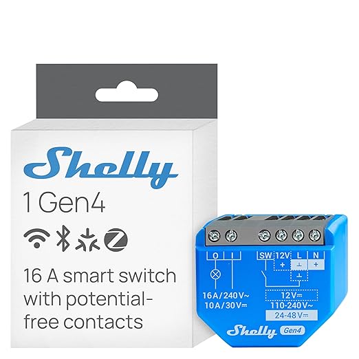Shelly 1 Gen4 | Wi-Fi, Zigbee & Matter Smart Relay Switch with Dry Contacts, 1-Channel 16A | Home Automation | Alexa, SmartThings, Google Home, Apple HomeKit Compatible | Garage Door Opener