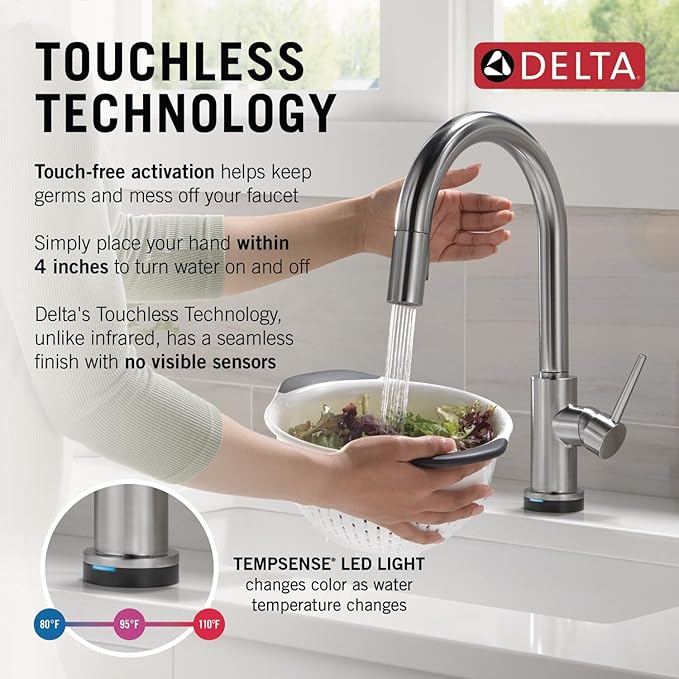 Delta Trinsic Touchless Kitchen Faucet with Touch Technology, Brushed Nickel Kitchen Sink Faucet with Pull Down Sprayer, Single Hole, Arctic Stainless 9159TL-AR-DST