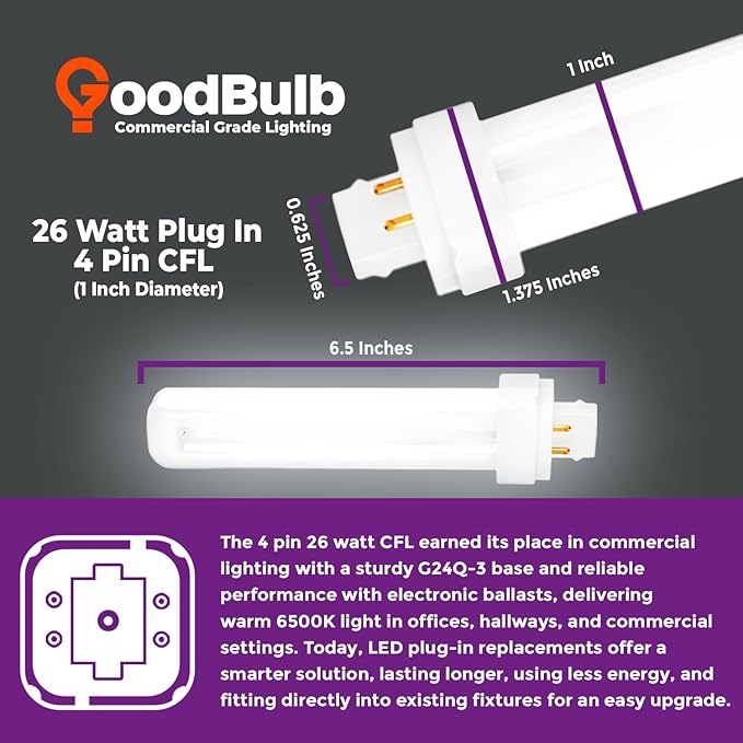 GoodBulb 26 Watt CFL Light Bulbs 4 Pin G24Q-3 Base 6500K Full Spectrum 26W High Output 1800 Lumens Double Tube Compact Fluorescent Light Bulbs Plug-in 10 Pack