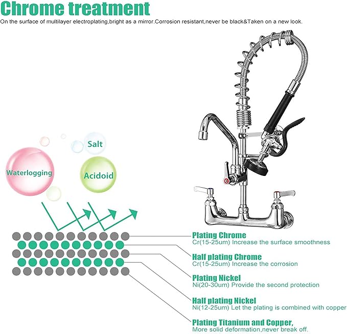 Commercial Faucet with Sprayer 21" Height 8" Center Wall Mount Kitchen Sink Faucet Brass Constructed Polished Chrome Pre-Rinse Device with Spring and 8" Add-on Spout