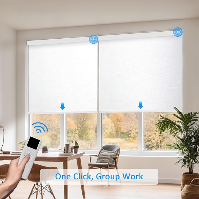 Motorized Blinds with Remote Cordless Automatic Motorized Shades Custom Blinds for Windows Smart Curtains Compatible with Alexa Google Home(Blackout Jacquard White,W32 x H72in)