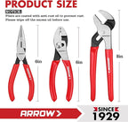 ARROW 3PCS Pliers Set, 6" Needle Nose Pliers, 6" Slip Joint, 8" Groove Joint with Non-slip Handle, Premium Carbon Steel, for Daily Repair & Home Maintenance