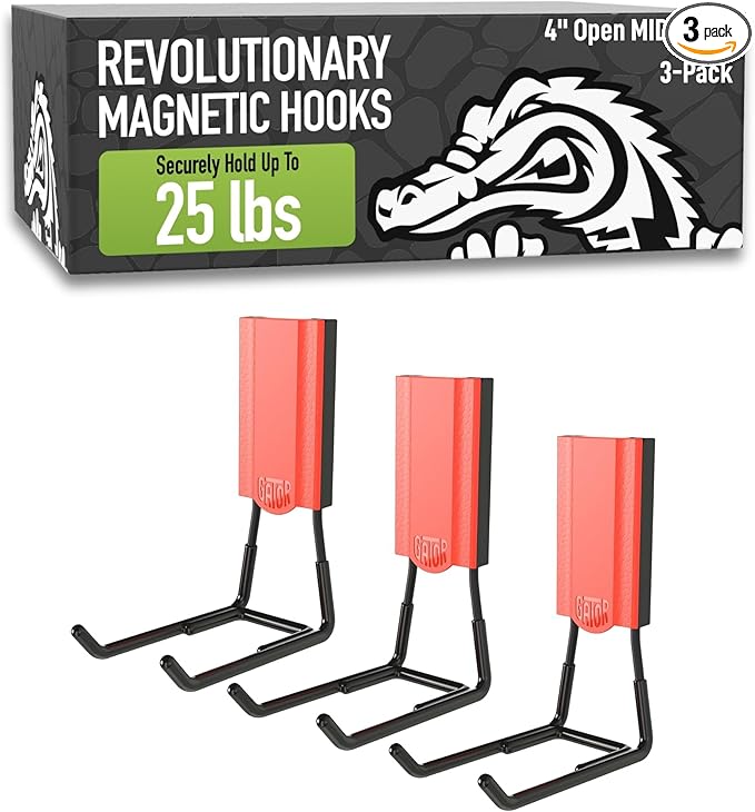 GATOR MAGNETICS MIDI 4 in Open Hooks, 25 lb Heavy Duty Magnetic Hooks for Steel Surfaces, Patented Easy-Release, Non-Slip Grip – Storage & Organization, Garage, Shed, Home, Cleaning Tools - 3 Pack