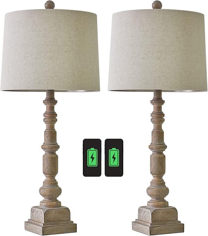 Oneach 27.75" Vintage Farmhouse USB Table Lamps Set of 2 for Living Room Bedroom Traditional Bedside Nightstand Lamp with Dual USB Port Resin Table Lamp with Rotary Switch for Living Room Bedroom