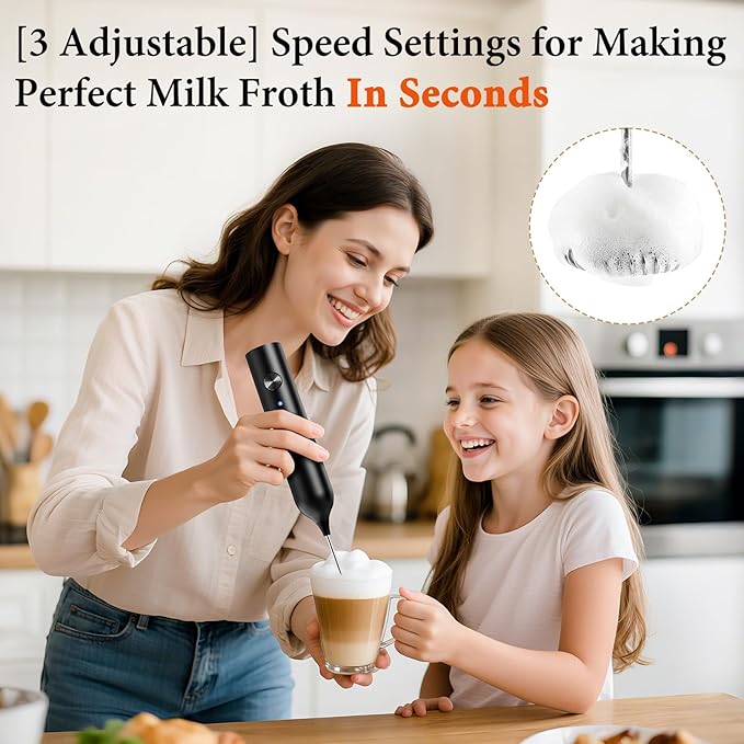 Milk Frother, Rechargeable & Handheld Frother Wand for Coffee, 3 Speed Adjustable Drink Mixer With 3 Stainless Whisks for Matcha, Lattes, Cappuccino, Egg, Electric Whisk Foam Maker (Black)