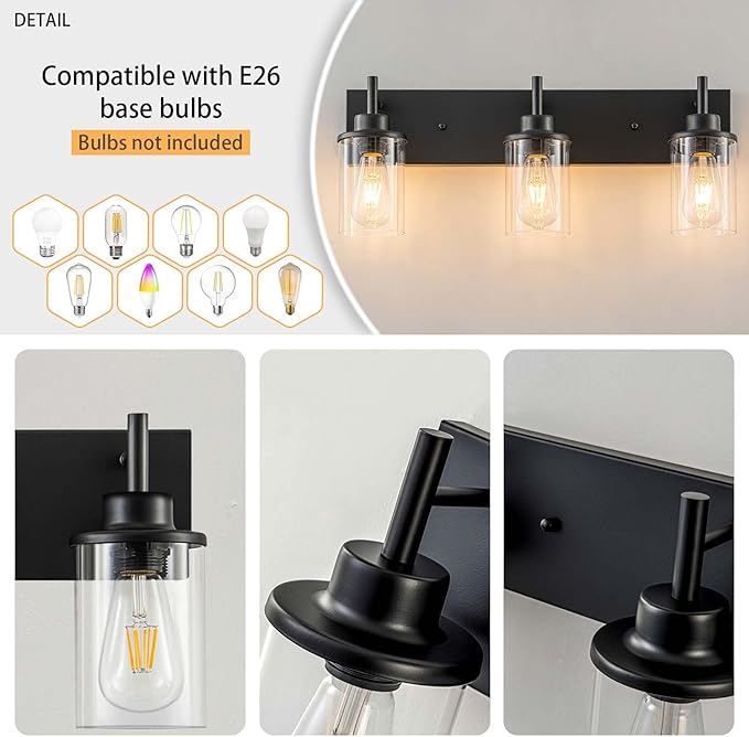 GoYeel Vanity Lighting Fixtures, Matte Black Bathroom Light Fixtures 3-Light Black Wall Sconce with Clear Glass Lampshade for Bedroom Hallway Living Room Kitchen