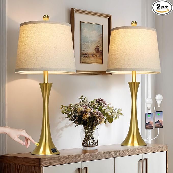 27.5" Gold Lamps Set of 2, Touch Control 3-Way Dimmable Bedside Nightstand Lamps Bedroom Lamp,Modern Gold Table Lamp with USB A+C Ports,Tall Lamps for Living Room End Table Home Office