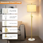 Modern Floor Lamp for Living Room, Adjustable Height Standing Lamp with Marble Base, Gold Tall Pole Light with Linen Shade for Reading Bedroom, Chain Switch, 8W 3-Way Dimmable Bulb Included