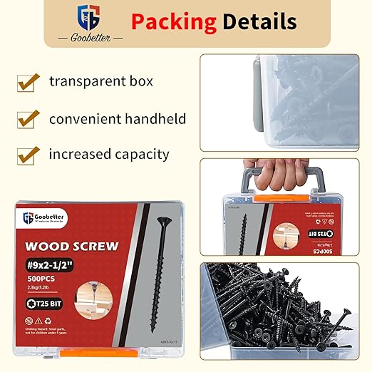 Deck Screws 2 1/2 inch, 500 Pcs Wood Screws #9 x 2-1/2", Rust Resistant, Construction Fence Exterior Screws, Torx Head Drive, 2 Pcs T25 Star Bits Included, Black