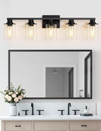 DORESshop Bathroom Light Fixtures, 5-Light Black Bathroom Lighting Fixtures Over Mirror with Clear Glass Shade, Vanity Lights for Bathroom Hallway Bedroom Living Room