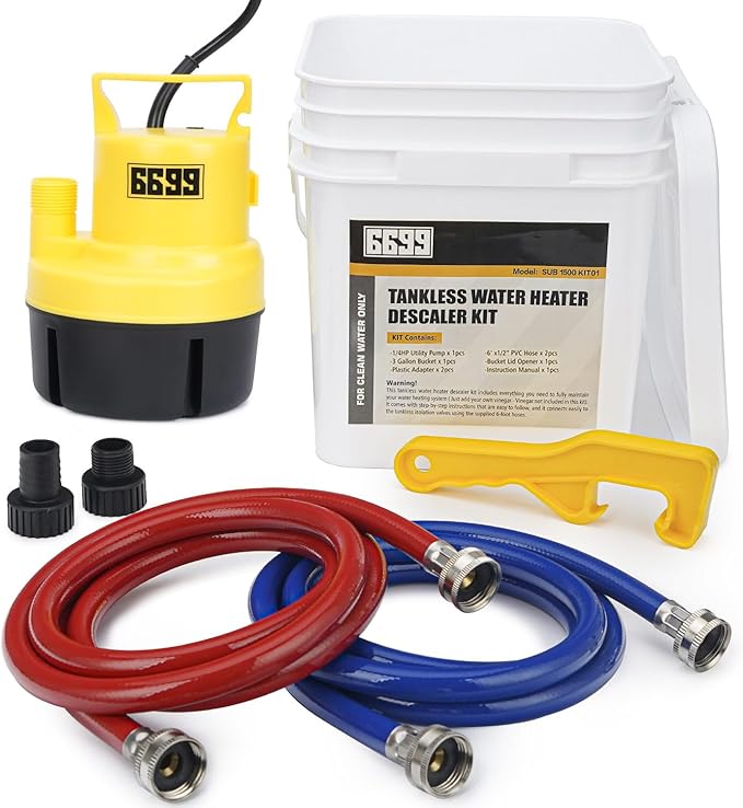 Tankless Water Heater Flushing Kit Includes 1/4HP Submersible Utility Pump with Two Plastic Adapters & 3 Gallons Pail with Bucket Lid Opener & Two 1/2” X 6’ PVC Hoses with Washers Easy to Clean