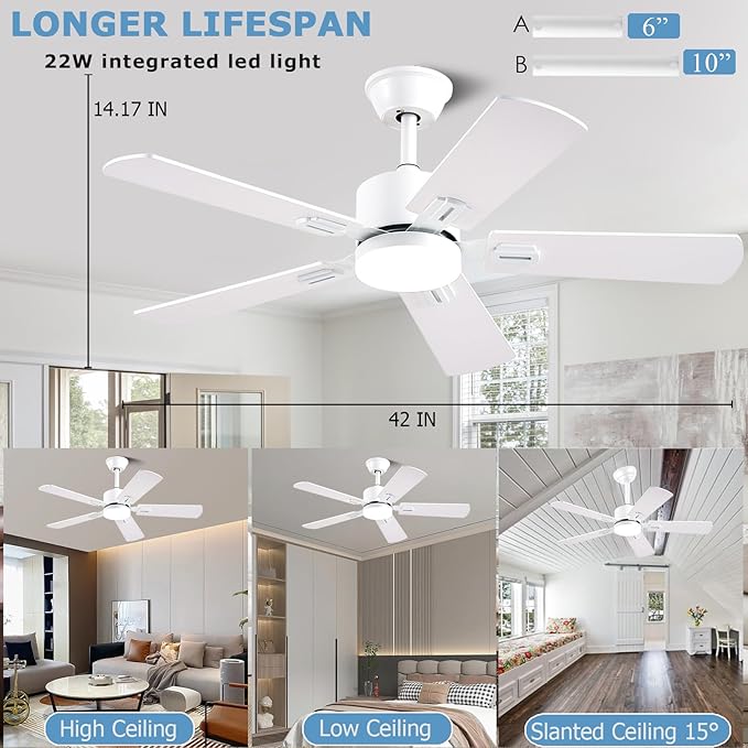 42 inch Modern White Ceiling Fans with Lights APP/Remote Control, Low Profile Reversible 6 Speeds Ceiling Fan Light for Indoor/Outdoor Patio Bedroom Living Room