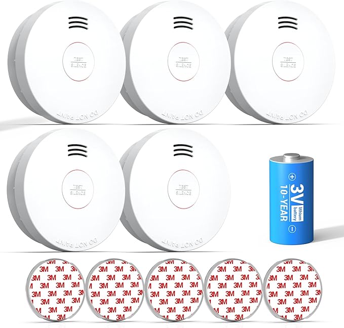 SITERWELL Smoke Detector, Smoke Detector 10 Year Battery with Photoelectric Sensor, Fire Alarm with Low Battery and Fault Warning for House and Bedroom, UL217-9th Listed, GS525A, 5 Packs