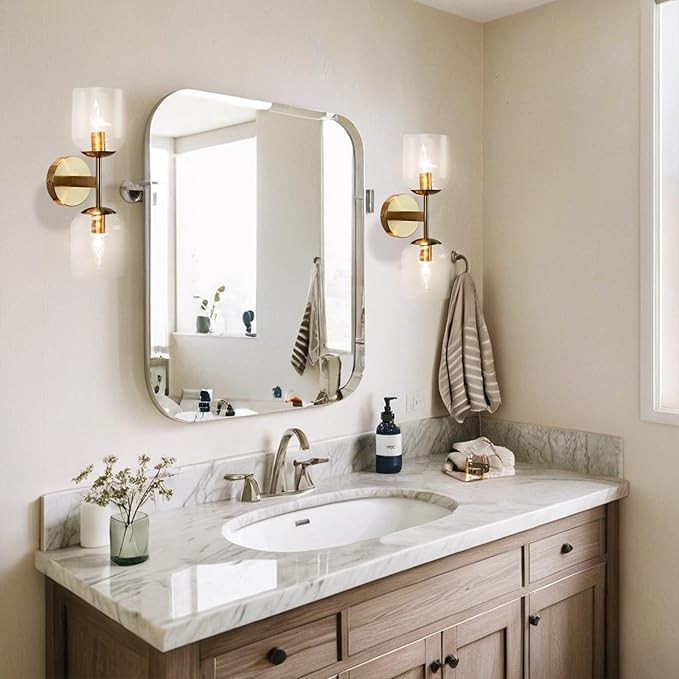 Minimalist Aged Brass Metal Double Wall Sconce, Modern Durable Ribbed Glass Shades Vanity Light, Bathroom Wall Mounted Light Beside Mirror, Wall Light for Hallway, Living Room (Brass)