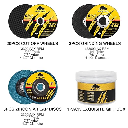 26 Packs Angle Grinder Cutting Flap Grinding Disc Wheel 4 1/2in Inches - 20 Packs 4.5"x1/4"x7/8" Cut off Wheels,3 Packs 4.5"x7/8" 60 Grit Flap Discs, 3 Packs 4.5"x1/25"x7/8" Grinding Wheels