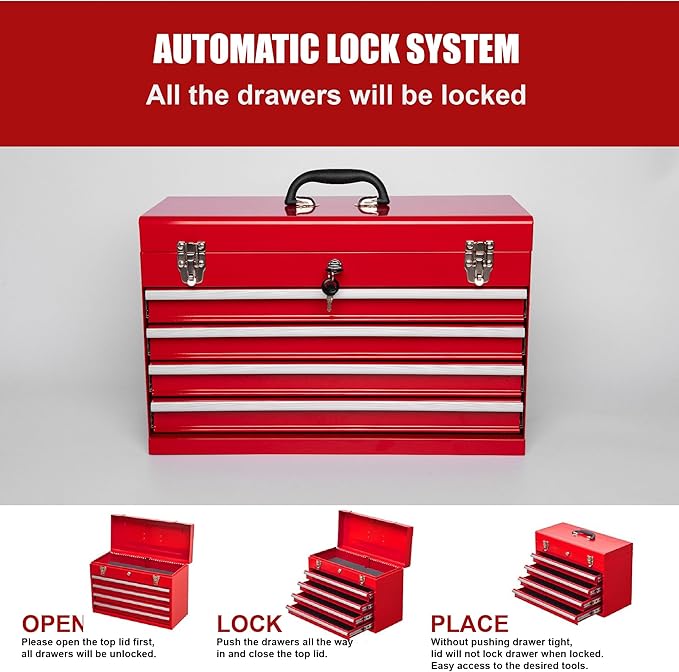 4 Drawers Metal Tool Box, 21" Portable Steel Tool Chest w/Key Lock & Latch Closure, Multi-Function Top Storage Tray Toolbox w/Powder Coating & Ball Bearing Slides for Garage & Workshop (Red)
