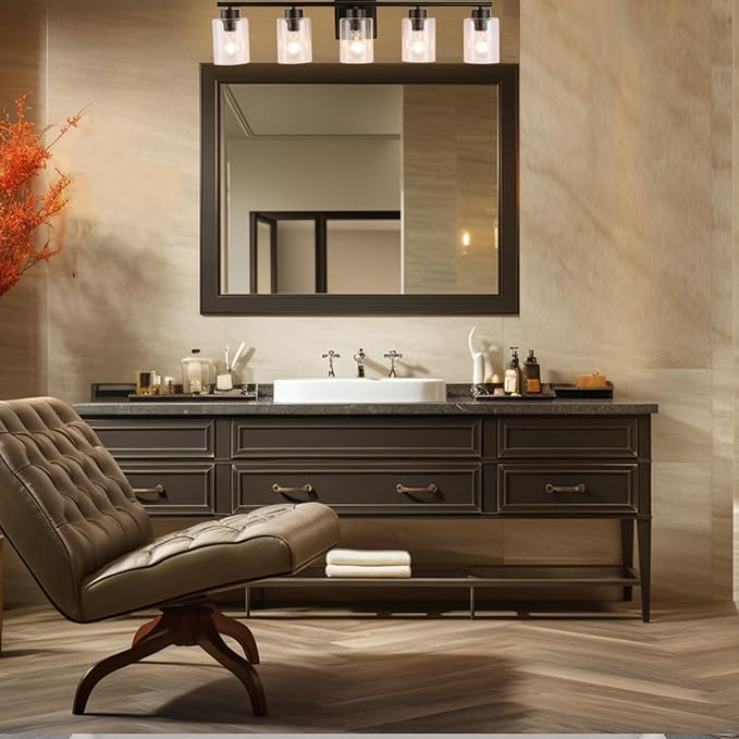 5 Light Bathroom Light Fixtures, 33.3 Inches Bathroom Lighting Fixtures Over Mirror, Black Vanity Light with Clear Glass Shades