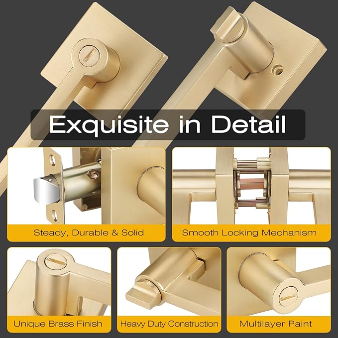 EHOMEWARE 10 Packs Gold Heavy Duty Door Handle Interior, Privacy Door Lever Handle, Bathroom Door Handles Interior, Modern Bedroom Door Handle