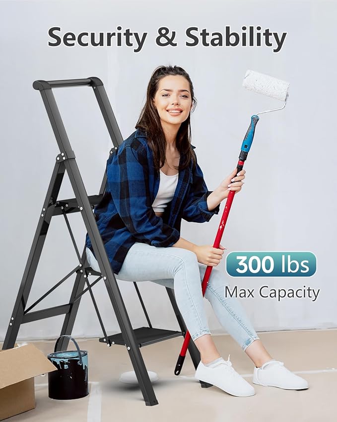 3 Step Ladder, Slim Folding Steps Stool with Handrail, Iron Foldable Black Ladder with Anti-Slip Wide Pedal, for Home, Kitchen, Office, Garage Use (300 lbs Capacity)