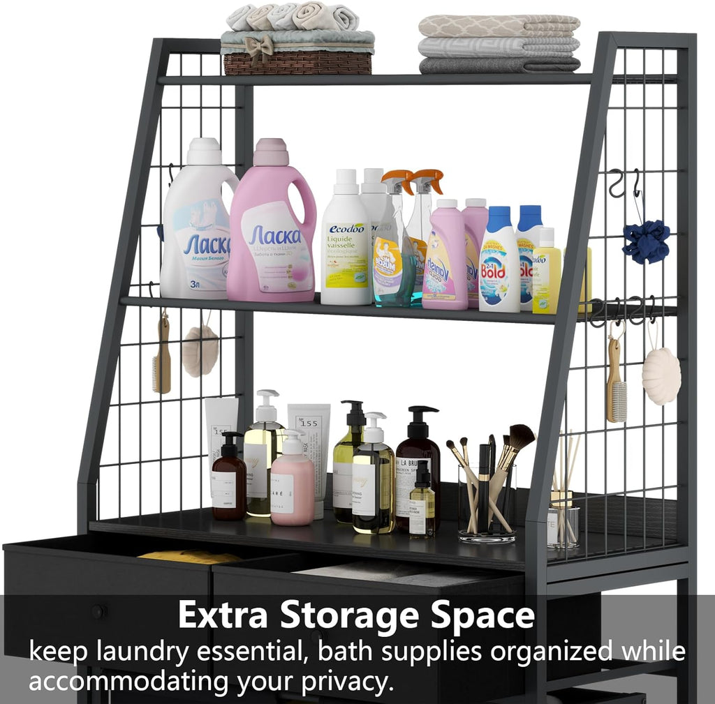 Laundry Hamper Laundry Basket with 3 Section Pull-Out Rolling Bags & 2-Tier Storage Shelf, Laundry Sorter for Organization and Storage with 2 Drawers for Laundry Room, Bathroom