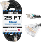Iron Forge Cable 12 Gauge Extension Cord with Multiple Outlets - Black Heavy Duty Extension Cord 25 ft - 12/3 SJTOW, 3 Prong Lighted Outlet Cords