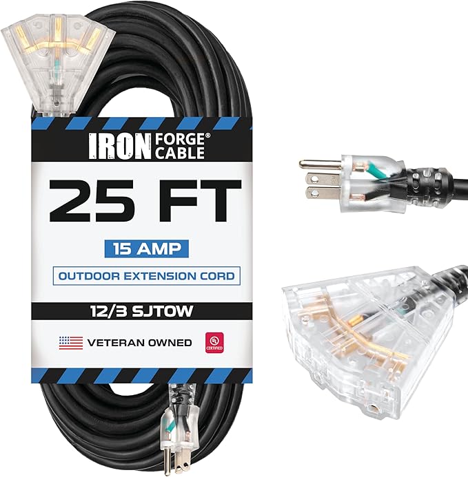 Iron Forge Cable 12 Gauge Extension Cord with Multiple Outlets - Black Heavy Duty Extension Cord 25 ft - 12/3 SJTOW, 3 Prong Lighted Outlet Cords