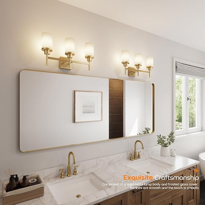 Bathrom Light Fixtures Modern Gold 3 Vanity Lights Over Mirror, Wall Lamps with White Frosted Glass Shade for Toilet Washroom Bath T001GD-L3