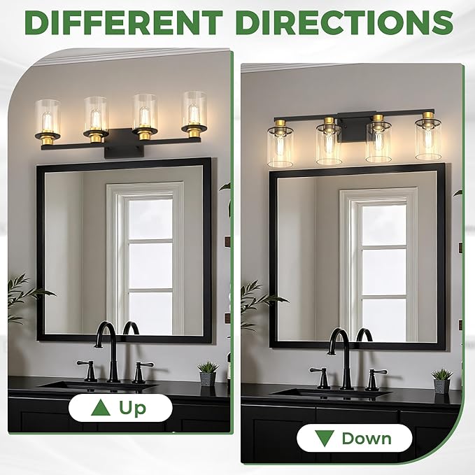 DORESshop Bathroom Light Fixtures, 4-Light Gold and Black Bathroom Lighting Fixtures Over Mirror with Clear Glass Shade, Vanity Lights for Hallway Living Room Bedroom
