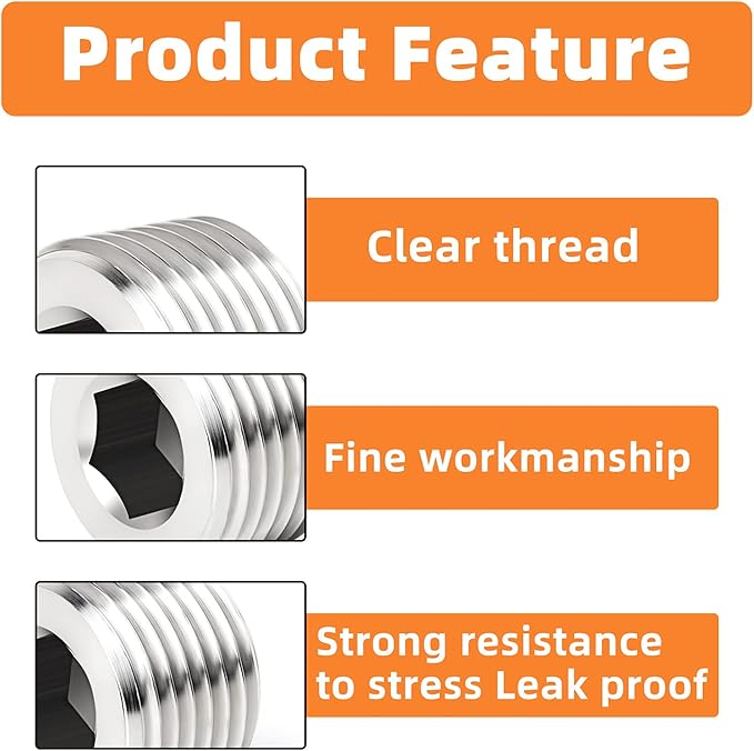 GASHER 20Pcs Stainless Steel Internal Hex Thread Socket Pipe Plug Fitting 1/8" 1/4" 3/8" 1/2" NPT Male