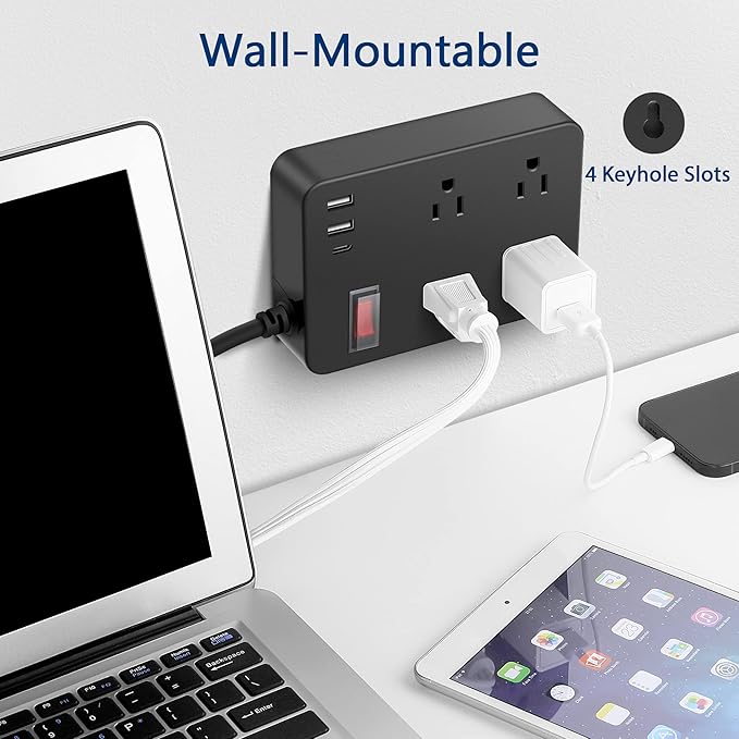 Outdoor Power Strip Weatherproof,Fast Charging Station 20W USB C,Waterproof Surge Protector 4 Outlets, Multi Outlet Extension for Camping, Garden, Kitchen,Bathroom,Flat Plug (Black, 25 FT Cable)