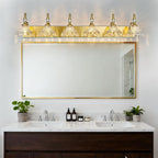 Vintage Bathroom Vanity Light, 6-Light Gold Vanity Lighting Fixture with Flower Glass Shade, Bathroom Lighting Fixtures Over Mirror