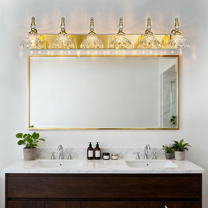 Vintage Bathroom Vanity Light, 6-Light Gold Vanity Lighting Fixture with Flower Glass Shade, Bathroom Lighting Fixtures Over Mirror