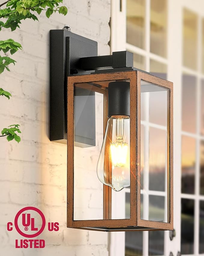 VIANIS Dusk to Dawn Wall Lights, Wood Grain Exterior Light Fixture, Clear Glass Garage Light, Modern Outdoor Lights Sconce with Waterproof, Anti-Rust, Weather Resistant for Patio, E26 Socket