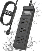 Outdoor Power Strip Weatherproof, KPQ IPX6 Waterproof Surge Protector with 3 Wide Outlets, 10FT Flat Plug Extension Cord, Wall Mountable for Home, Office, Dorm, Patio, FCC UL Listed