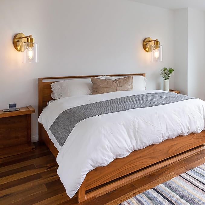 Brushed Gold Wall Sconce, Gold Vanity Light Modernbathroom Light fixtures with Clear Glass Shade Entrance Lamp Hallway Living Room Mount Bathroom Fixtures for Mirror (2PACK)