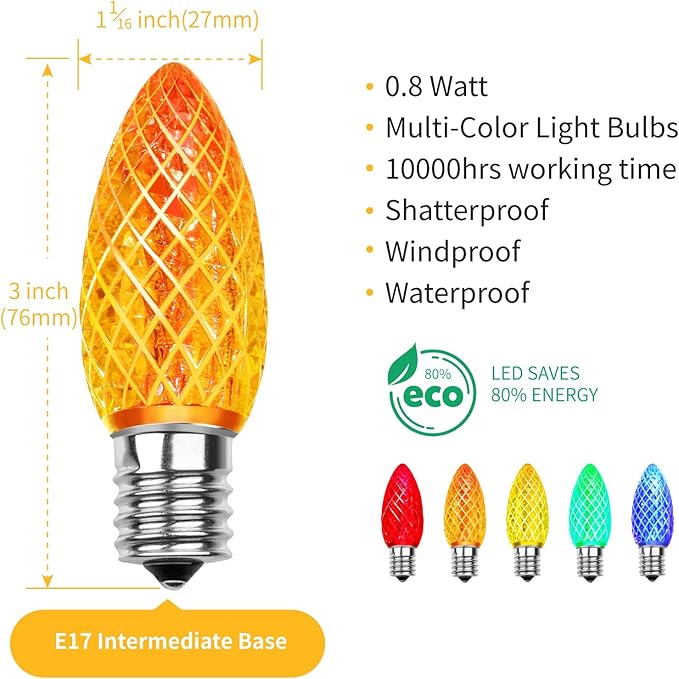 Meconard C9 Led Replacement Christmas Light Bulbs, C9 Shatterproof Led Bulbs for Christmas Indoor Outdoor String Lights, E17 Intermediate Base, Commercial Grade Holiday Bulbs, Multi-Color, 25Pack