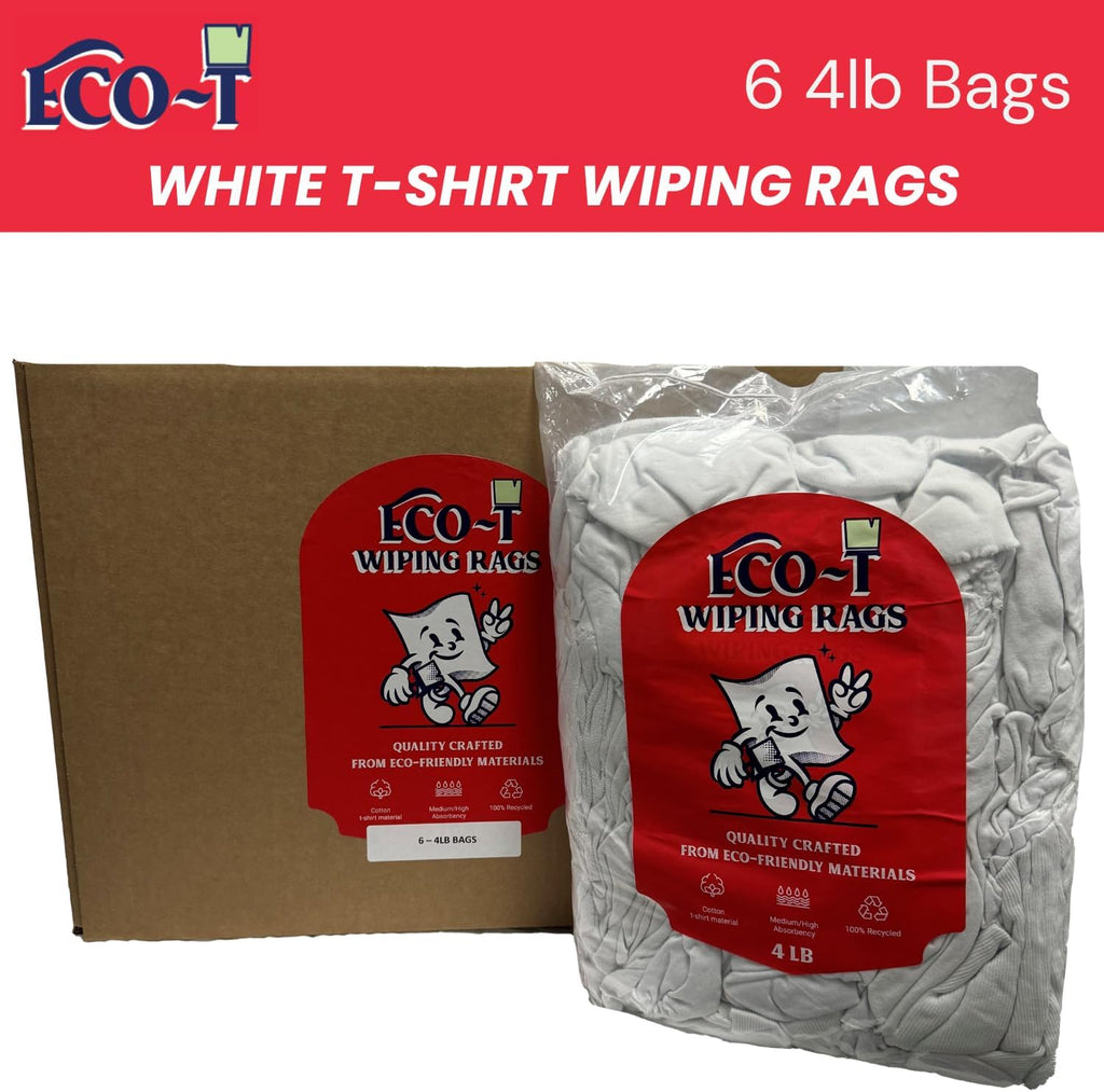 6 x 4 Lb Bags (24 Lbs) Eco-T Paint Rags - White T-Shirt Material, 100% Recycled, Eco-Friendly, High Absorbency, Low Lint, Low-Cost, Painting and Cleaning Cloth (6 x 4 Lb Bags)