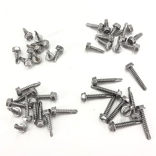 QSJ 155PCS #8 Sheet Metal Screws Set 410 Stainless Steel Hex Washer Head Fast Self Tapping Screws with Screwdriver Bit Silver
