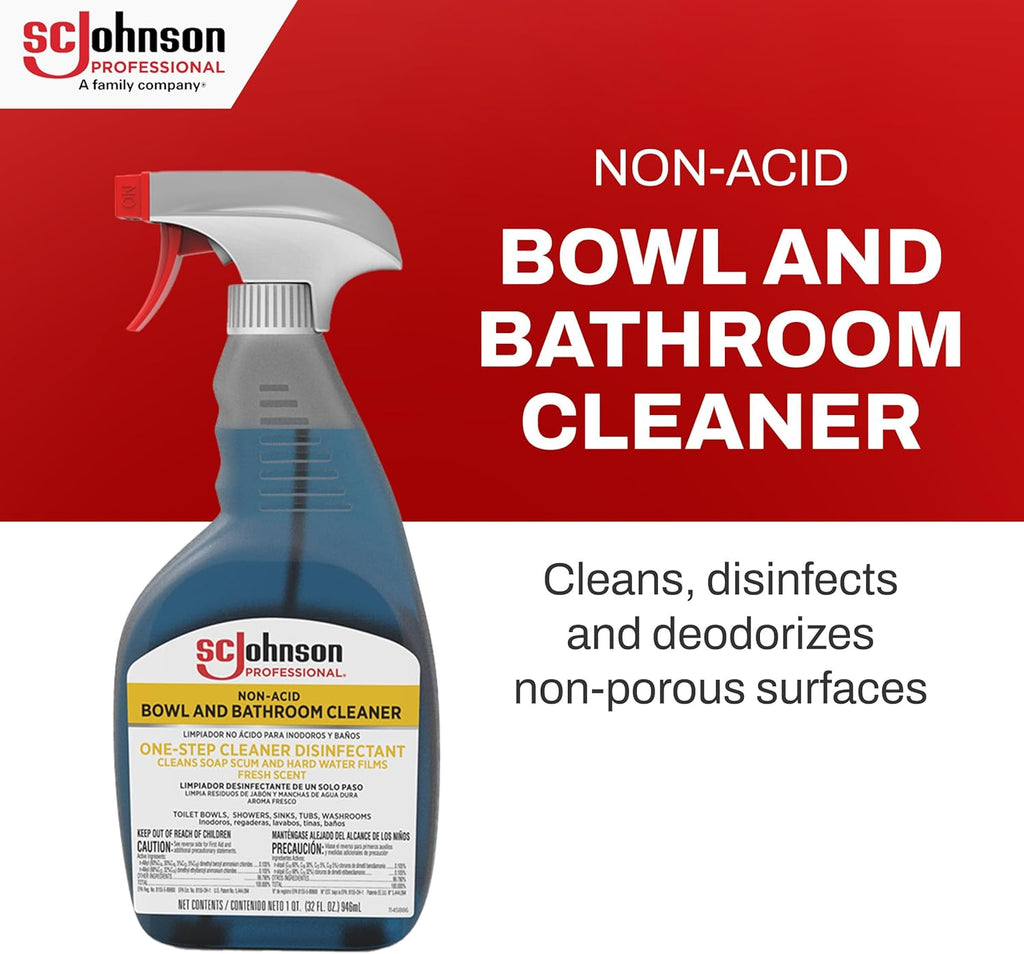 SC Johnson Professional Non-Acid Bowl and Bathroom Cleaner, Disinfectant Cleaner, Soap Scum Remover, 32 fl. oz., 12 Count, for Professional Use Only