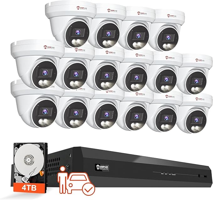 Anpviz 4K 16CH PoE Security Camera System, 16pcs Wired 8MP PoE IP Cameras Outdoor with Person Vehicle Detection, Smart Color Night Vision, 8MP/4K 16 Channel NVR with 4TB HDD for Businesses (U Series)