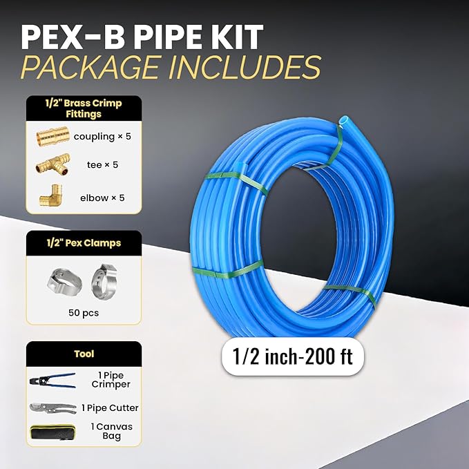 1/2 Inch-200 ft Foskan Blue PEX-B Pipe,Water Tubing with a Pipe Cutter,a Crimper Tool,a Canvas Bag,15 PCS Brass Crimp Fittings & 50 PCS Pex Clamps