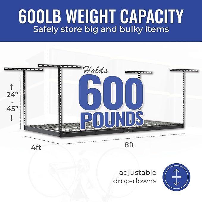 SafeRacks 4x8 Overhead Garage Storage Rack Heavy Duty - Hammertone (24"-45") - Holds 600 lb
