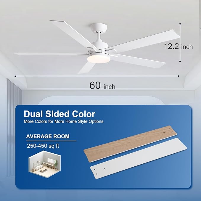 60 Inch Ceiling Fans with Lights and Remote, 6 Speed Reversible DC Motor, 3CCT Dimmable LED, 5 Blades, White Modern Ceiling Fan for Bedroom, Living Room & Covered Outdoor, Includes Downrod