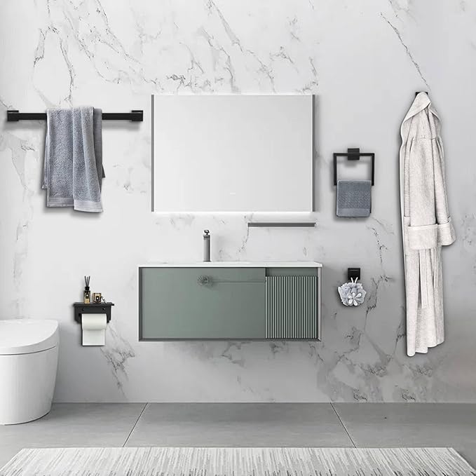 Matte Black Towel Bar Set 5-Piece Bathroom Hardware Accessories Set Includes 23.6 Inch Towel Bar,Toilet Paper Holder with Shelf,Square Towel Ring and Coat Hooks Stainless Steel Wall-Mounted