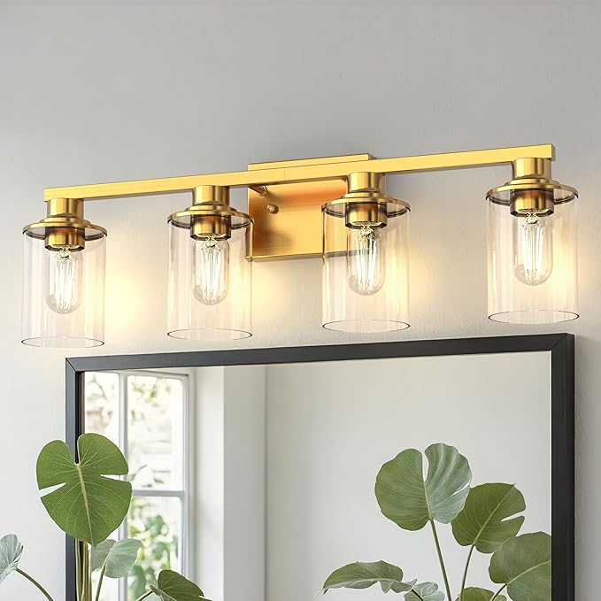 DORESshop 4-Light Vanity Light Fixtures, Gold Bathroom Light Fixtures Over Mirror with Clear Glass Shade, Modern Vanity Lights for Living Room Bedroom