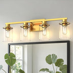DORESshop 4-Light Vanity Light Fixtures, Gold Bathroom Light Fixtures Over Mirror with Clear Glass Shade, Modern Vanity Lights for Living Room Bedroom