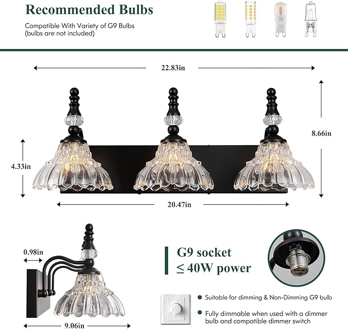 Vintage Bathroom Vanity Light, 3-Light Black Vanity Lighting Fixture with Flower Glass Shade, Bathroom Lighting Fixtures Over Mirror