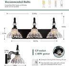 Vintage Bathroom Vanity Light, 3-Light Black Vanity Lighting Fixture with Flower Glass Shade, Bathroom Lighting Fixtures Over Mirror