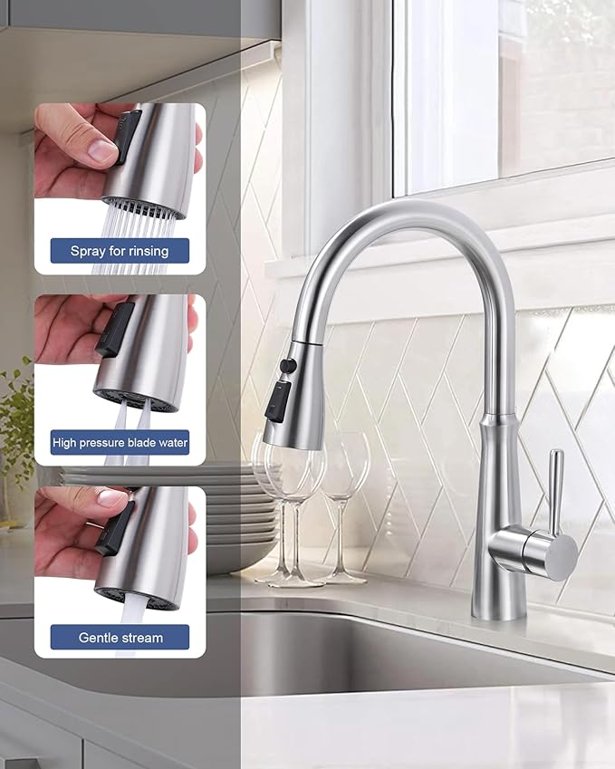 Metal Kitchen Faucet Head Replacement: 3-Function Pull Down Spray Nozzle with 9 Adapters, Sink Sprayer Replacement Compatible with Moen, Delta, American Standard Faucets, Brushed Nickel
