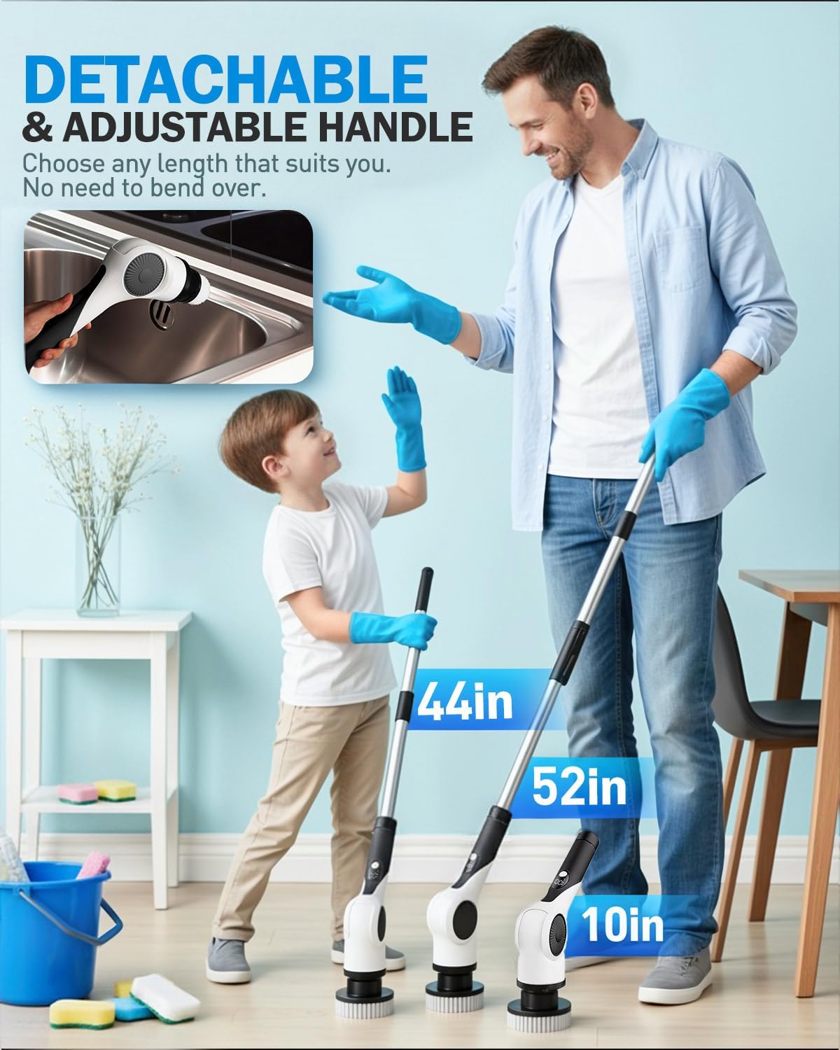 Electric Spin Scrubber with 10 Replaceable Brush Heads, IPX7 Waterproof Shower Scrubber with Long Handle, 3-Speed Adjustable Cleaning Supplies with Rotating Cleaning Brush